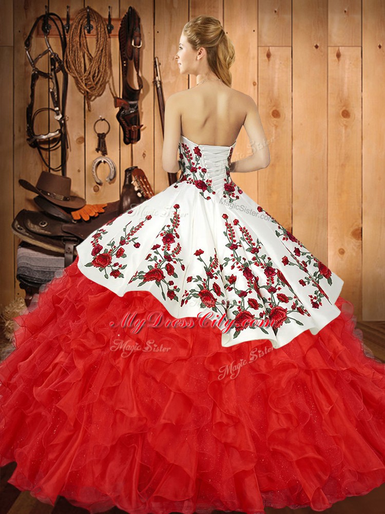 Edgy Wine Red Satin and Organza Lace Up Quinceanera Dresses Sleeveless Floor Length Embroidery and Ruffles