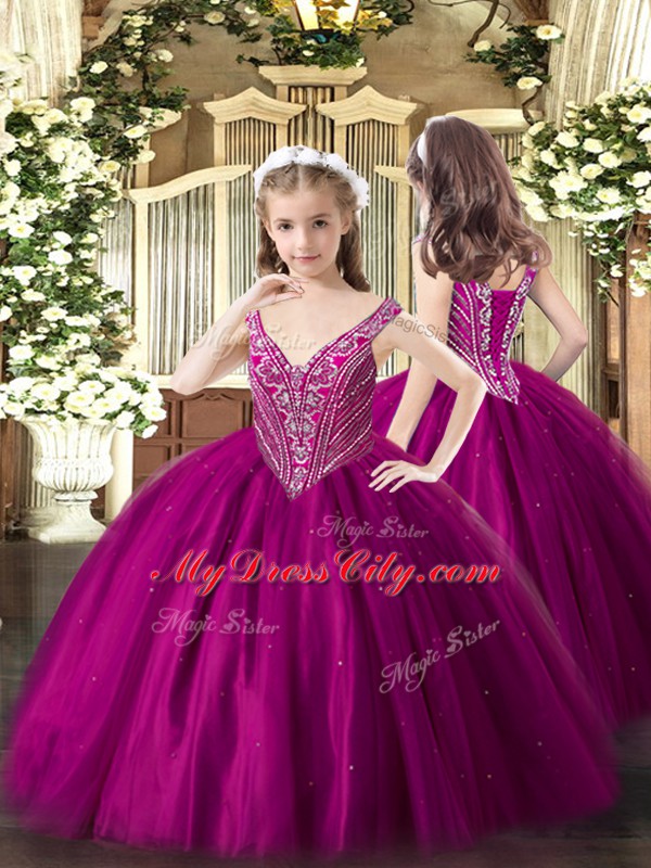 Beading Child Pageant Dress Fuchsia Lace Up Sleeveless Floor Length