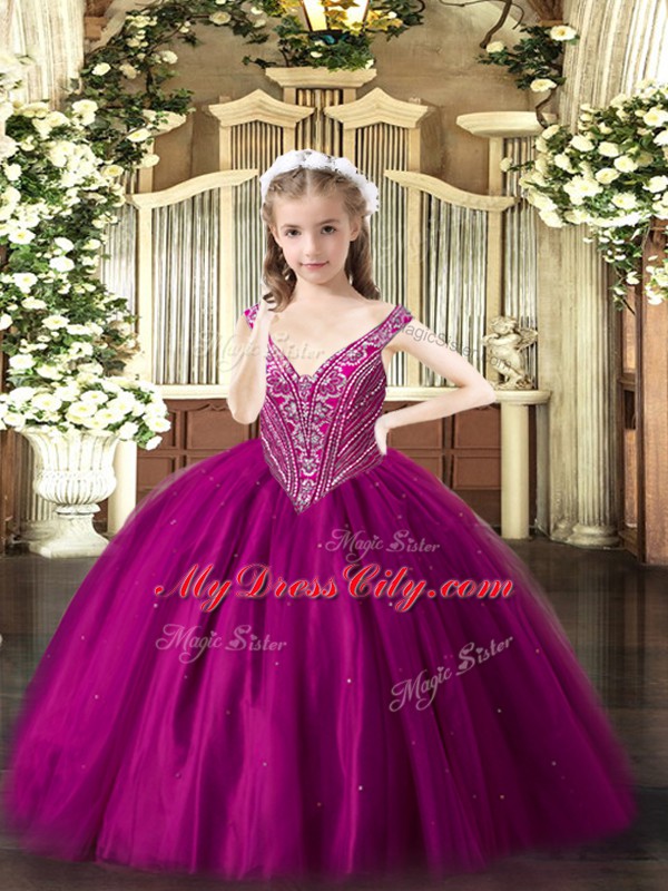 Beading Child Pageant Dress Fuchsia Lace Up Sleeveless Floor Length