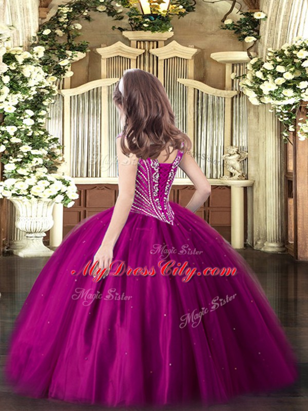 Beading Child Pageant Dress Fuchsia Lace Up Sleeveless Floor Length