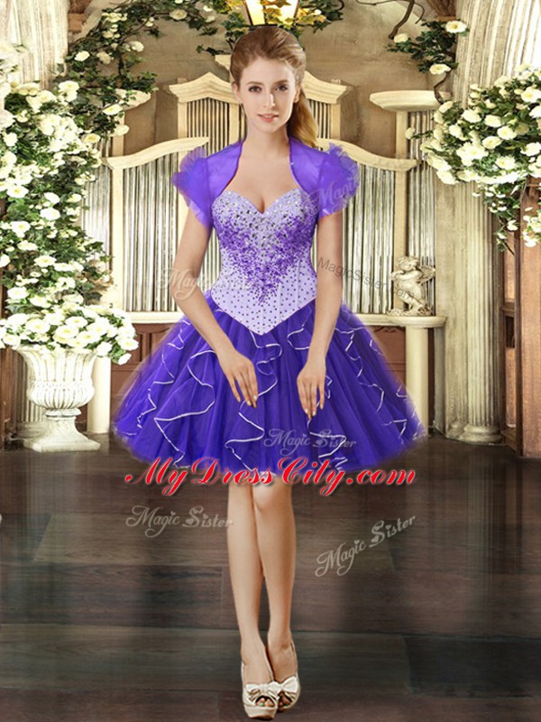 Purple Ball Gowns Straps Sleeveless Tulle Floor Length Lace Up Beading and Ruffles Ball Gown Prom Dress