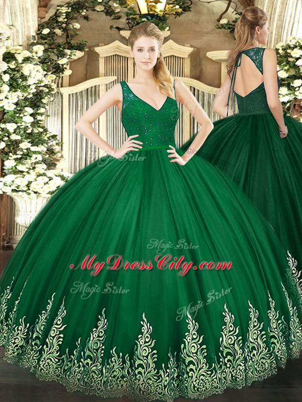 Ball Gowns Quinceanera Gowns Dark Green V-neck Tulle Sleeveless Floor Length Backless