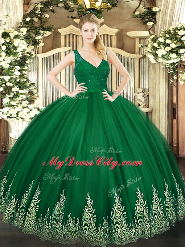 Ball Gowns Quinceanera Gowns Dark Green V-neck Tulle Sleeveless Floor Length Backless