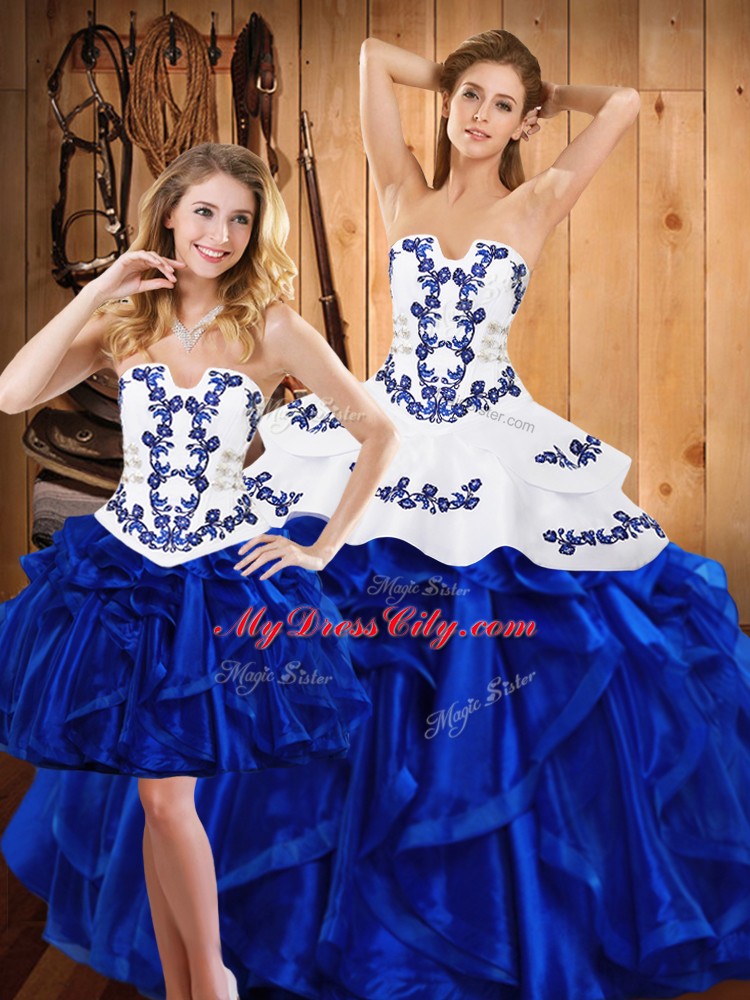 Classical Blue Satin and Organza Lace Up Strapless Sleeveless Floor Length Vestidos de Quinceanera Embroidery and Ruffles