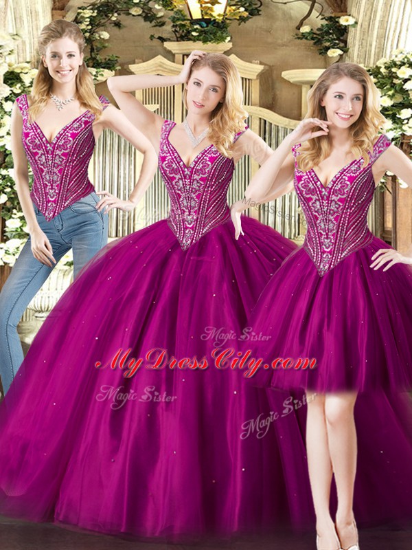 Fashion Fuchsia Tulle Lace Up V-neck Sleeveless Floor Length Sweet 16 Quinceanera Dress Beading