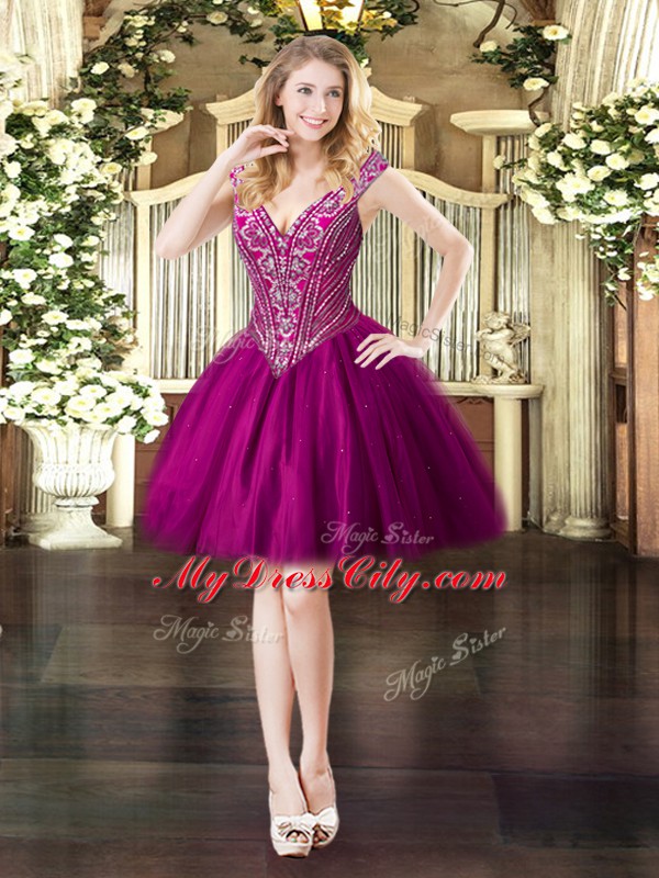 Fashion Fuchsia Tulle Lace Up V-neck Sleeveless Floor Length Sweet 16 Quinceanera Dress Beading