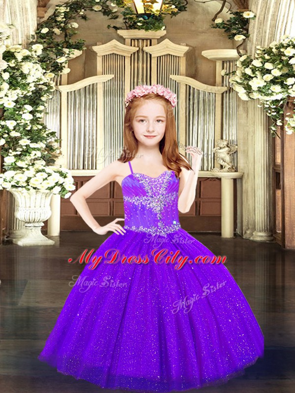 Sleeveless Tulle Floor Length Lace Up Little Girl Pageant Gowns in Purple with Beading