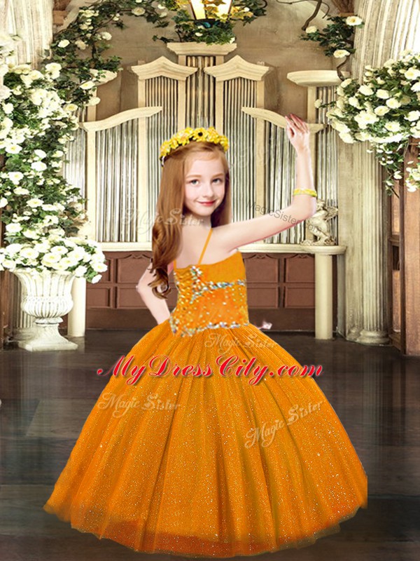 Sleeveless Tulle Floor Length Lace Up Little Girl Pageant Gowns in Purple with Beading