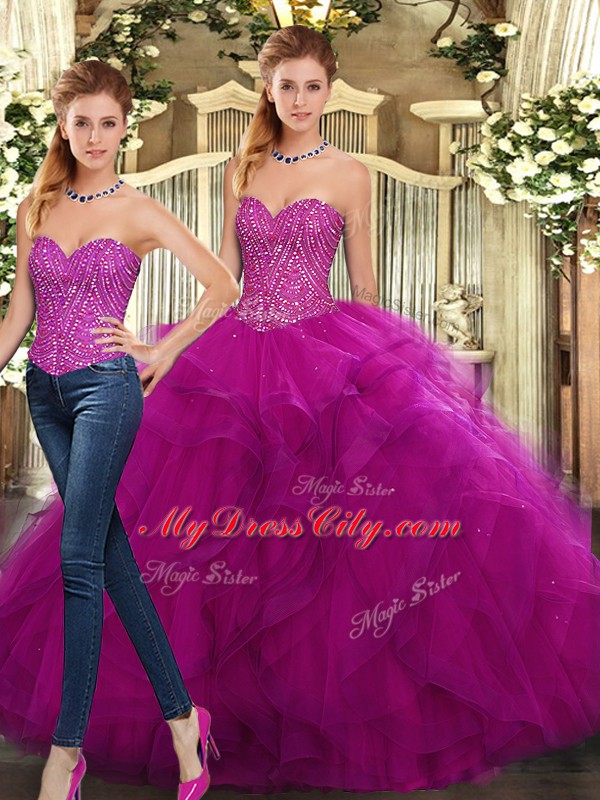 Vintage Fuchsia Lace Up Quinceanera Dress Beading and Ruffles Sleeveless Floor Length