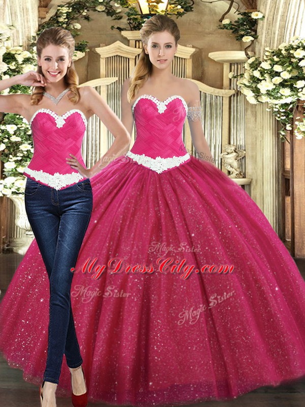 Romantic Fuchsia Sleeveless Tulle Lace Up Quinceanera Gowns for Military Ball and Sweet 16 and Quinceanera