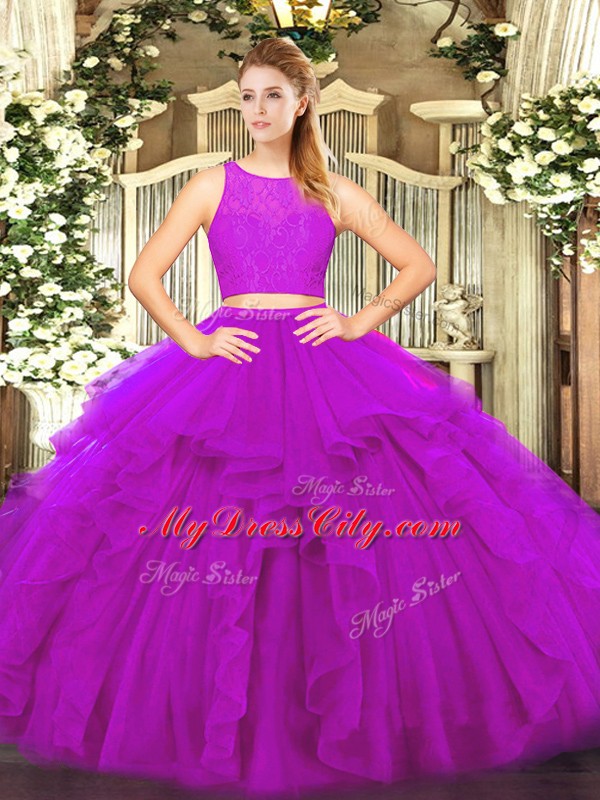 Fashion Sleeveless Tulle Floor Length Zipper Sweet 16 Quinceanera Dress in Fuchsia with Ruffles