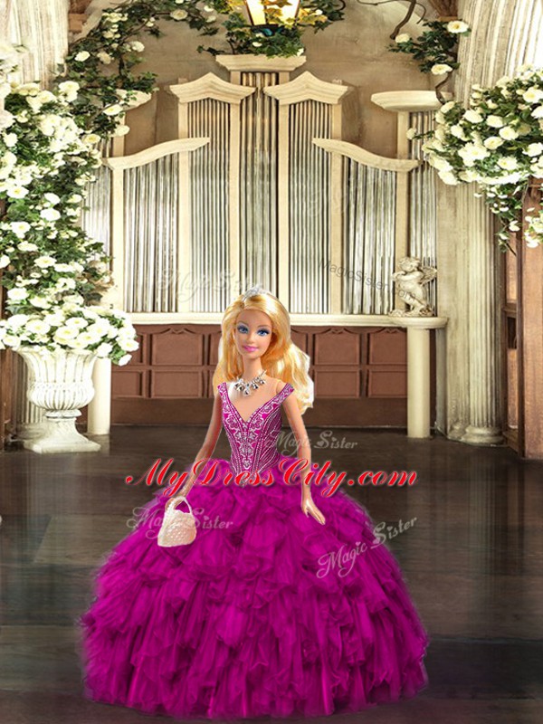 Fantastic Sleeveless Tulle Floor Length Lace Up Vestidos de Quinceanera in Fuchsia with Beading and Ruffles