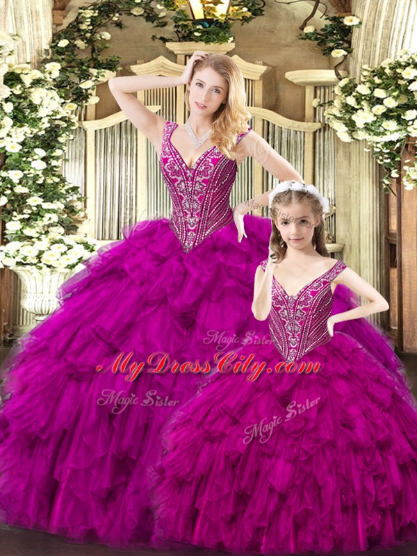 Fantastic Sleeveless Tulle Floor Length Lace Up Vestidos de Quinceanera in Fuchsia with Beading and Ruffles