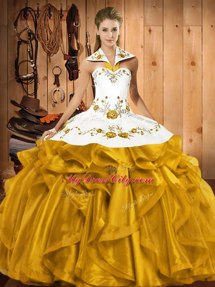 Sleeveless Floor Length Embroidery and Ruffles Lace Up Sweet 16 Dresses with Gold