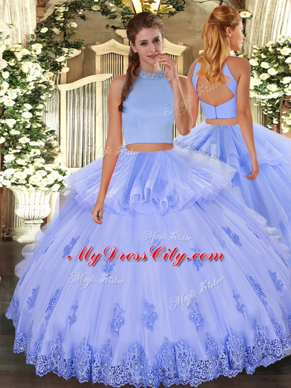 Halter Top Sleeveless Tulle 15th Birthday Dress Beading and Appliques and Ruffles Backless