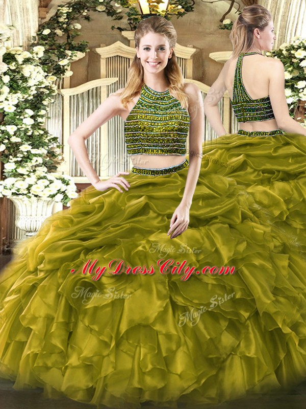 Most Popular Floor Length Two Pieces Sleeveless Olive Green 15 Quinceanera Dress Zipper