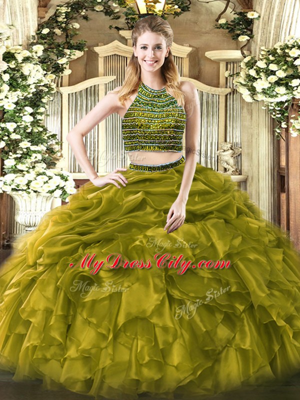 Most Popular Floor Length Two Pieces Sleeveless Olive Green 15 Quinceanera Dress Zipper