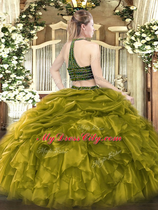 Most Popular Floor Length Two Pieces Sleeveless Olive Green 15 Quinceanera Dress Zipper