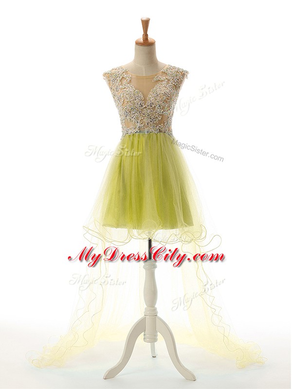 Cheap Yellow Green Backless Scoop Appliques Dress for Prom Tulle Sleeveless