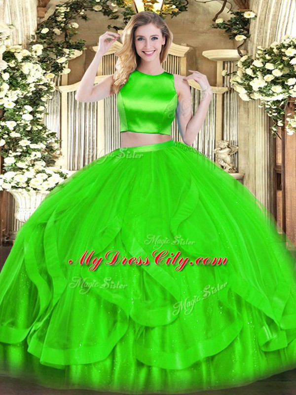 Edgy Sleeveless Floor Length Ruffles Criss Cross 15th Birthday Dress with Green