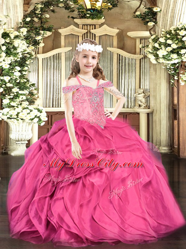 Modern Hot Pink Sleeveless Beading and Ruffles Floor Length Kids Formal Wear