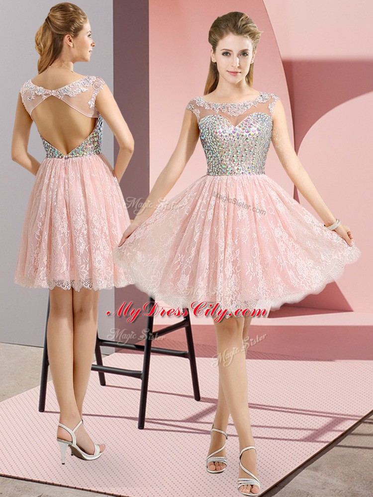 Lace Scoop Cap Sleeves Backless Beading Prom Gown in Baby Pink