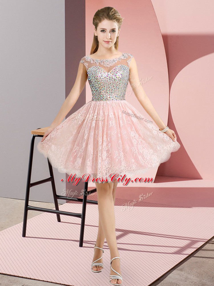 Lace Scoop Cap Sleeves Backless Beading Prom Gown in Baby Pink