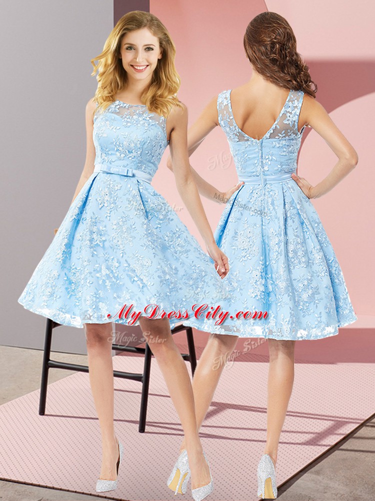 Flare A-line Wedding Guest Dresses Aqua Blue Scoop Lace Sleeveless Knee Length Zipper