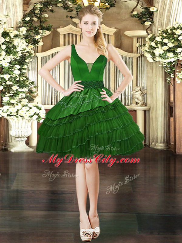 Exceptional Dark Green V-neck Neckline Beading and Embroidery and Ruffled Layers Prom Evening Gown Sleeveless Lace Up