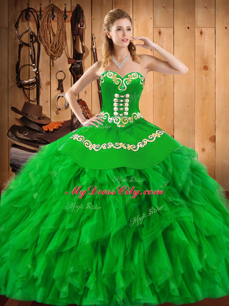 Sweetheart Sleeveless Sweet 16 Dresses Floor Length Embroidery and Ruffles Green Satin and Organza