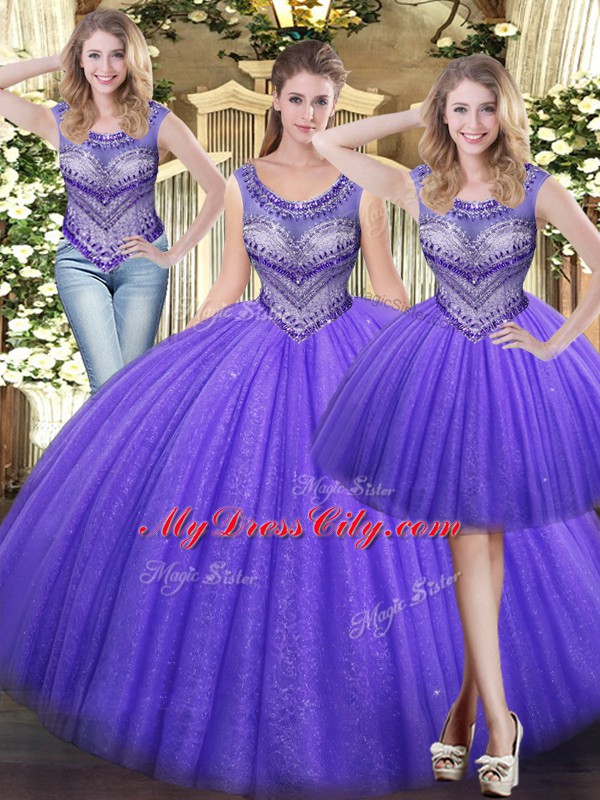 Lavender Ball Gowns Sweetheart Sleeveless Tulle Floor Length Lace Up Beading Sweet 16 Dresses