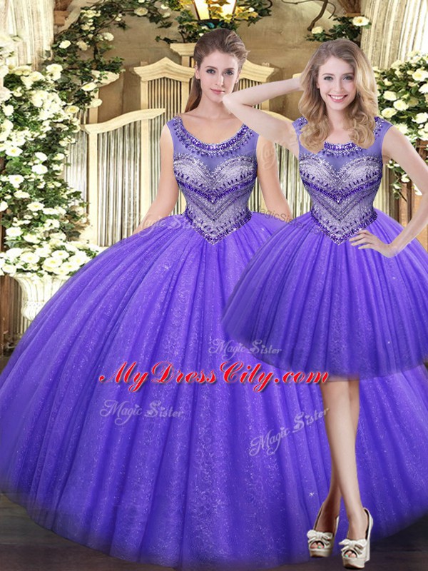 Lavender Ball Gowns Sweetheart Sleeveless Tulle Floor Length Lace Up Beading Sweet 16 Dresses