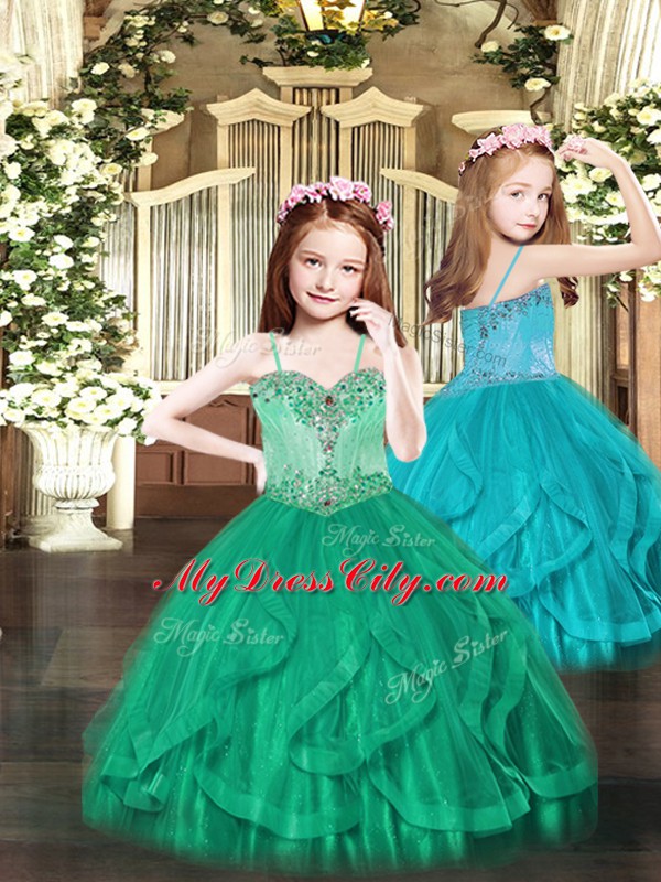 Turquoise Tulle Lace Up High School Pageant Dress Sleeveless Floor Length Beading and Ruffles