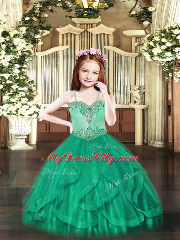 Turquoise Tulle Lace Up High School Pageant Dress Sleeveless Floor Length Beading and Ruffles