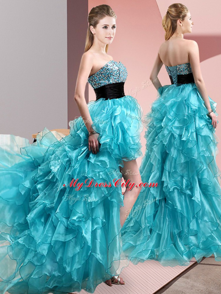 Noble Aqua Blue Organza Lace Up Sweetheart Sleeveless High Low Evening Dress Beading and Ruffles