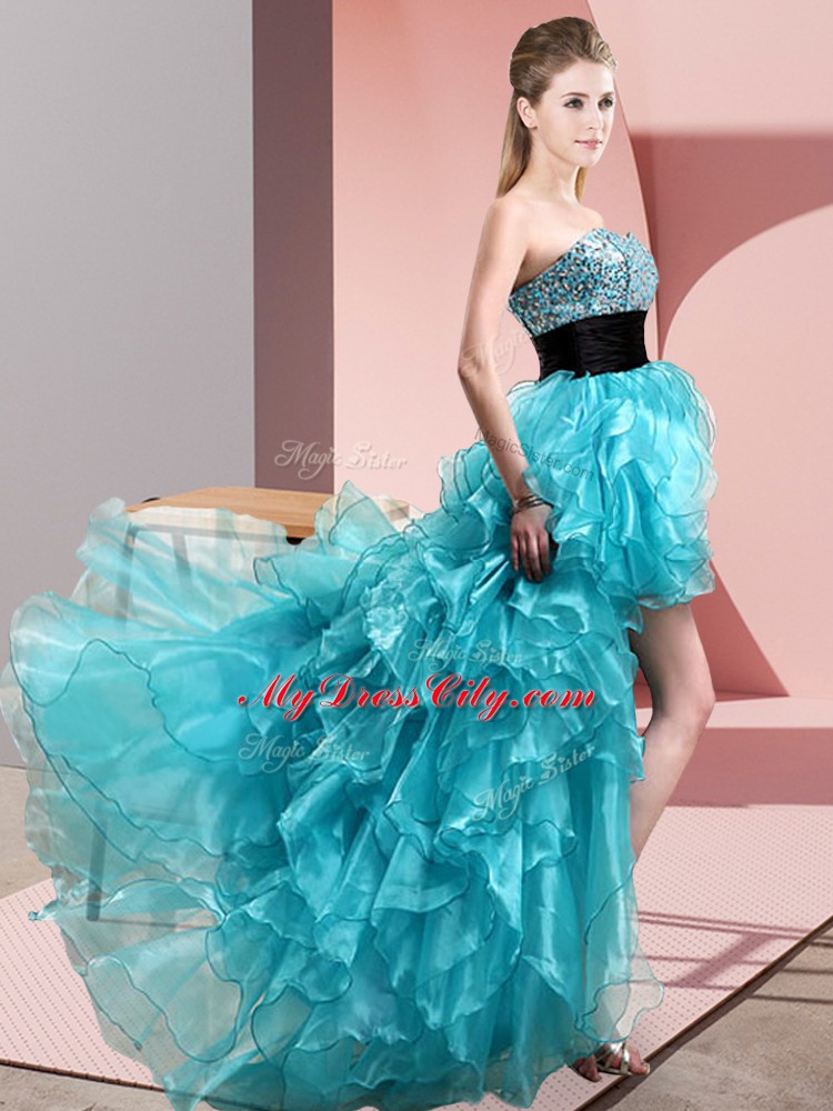 Noble Aqua Blue Organza Lace Up Sweetheart Sleeveless High Low Evening Dress Beading and Ruffles