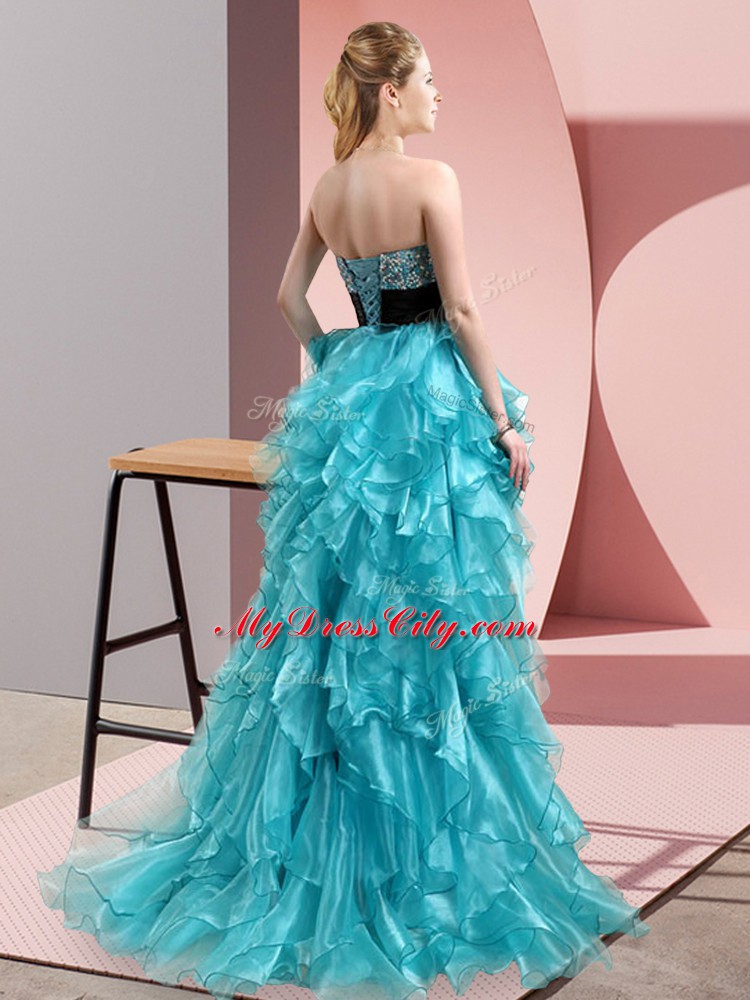 Noble Aqua Blue Organza Lace Up Sweetheart Sleeveless High Low Evening Dress Beading and Ruffles