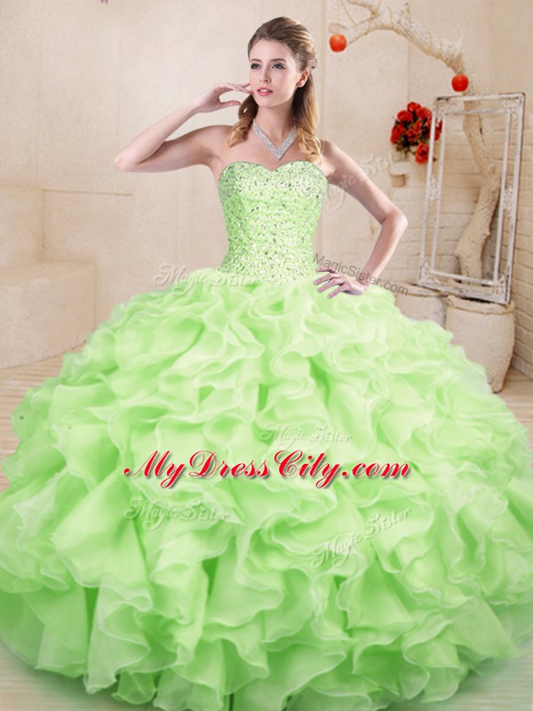 Yellow Green Lace Up Sweetheart Beading and Ruffles Quinceanera Dresses Organza Sleeveless