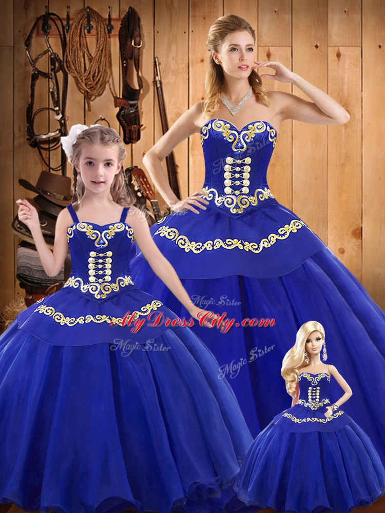 Luxurious Blue Tulle Lace Up Quinceanera Gowns Sleeveless Floor Length Embroidery