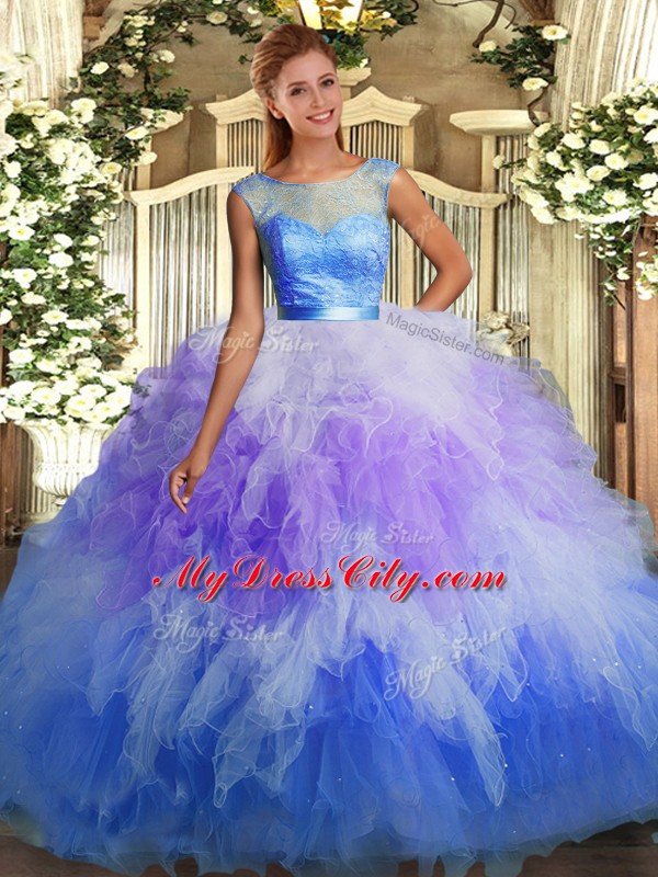 Comfortable Multi-color Sleeveless Lace and Ruffles Floor Length Vestidos de Quinceanera