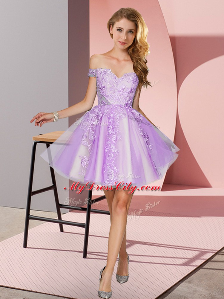 Adorable Lavender Off The Shoulder Zipper Appliques Quinceanera Court of Honor Dress Sleeveless