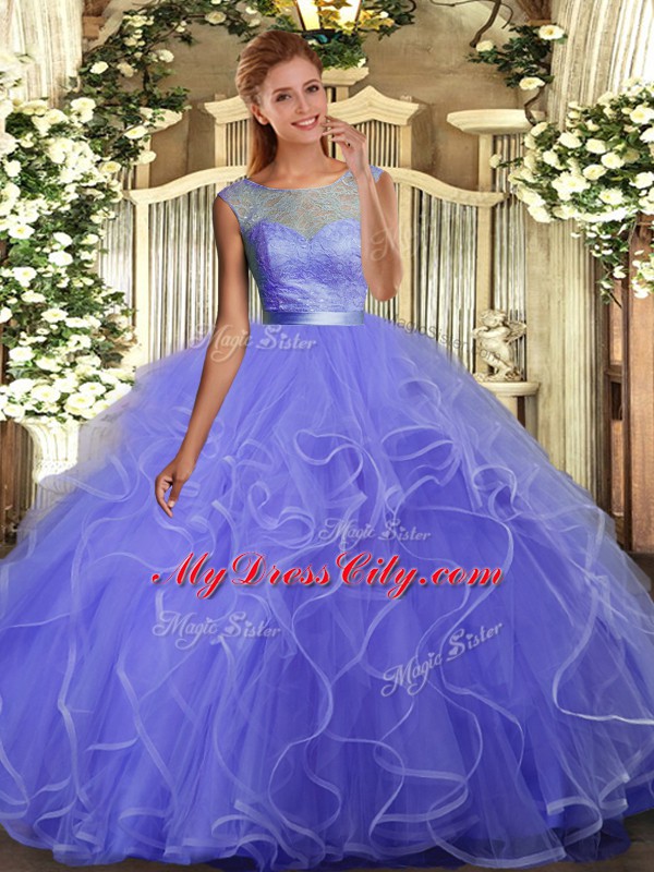 Excellent Lavender Ball Gowns Scoop Sleeveless Tulle Floor Length Backless Lace and Ruffles Ball Gown Prom Dress