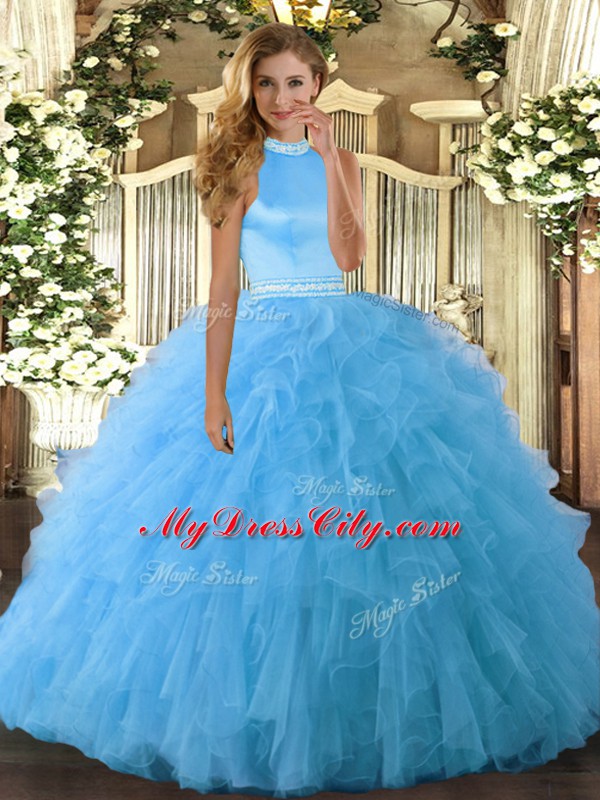 Baby Blue Ball Gown Prom Dress Military Ball and Sweet 16 and Quinceanera with Beading and Ruffles Halter Top Sleeveless Backless