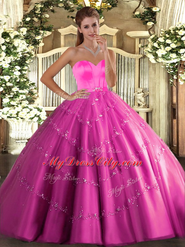 Hot Pink Ball Gowns Tulle Sweetheart Sleeveless Beading and Appliques Floor Length Lace Up 15th Birthday Dress