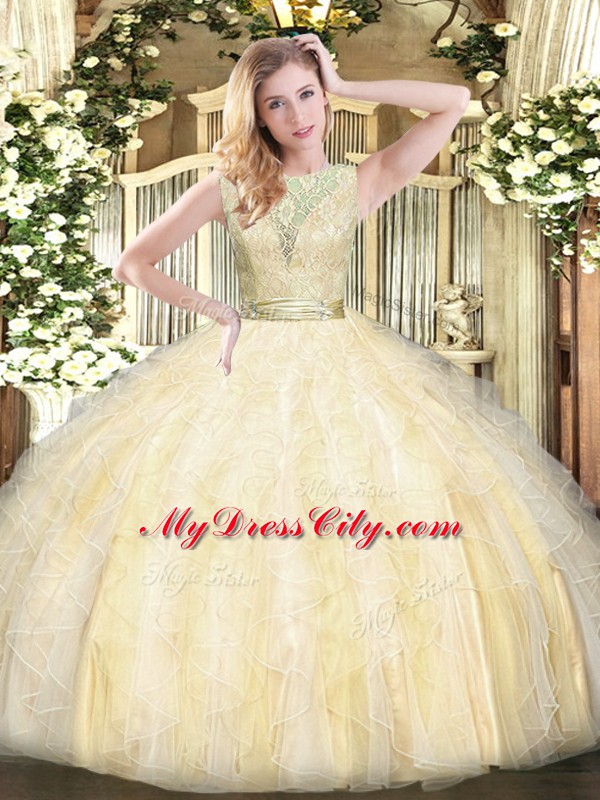 Scoop Sleeveless 15th Birthday Dress Floor Length Lace and Ruffles Light Yellow Organza