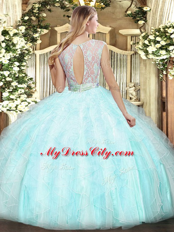 Scoop Sleeveless 15th Birthday Dress Floor Length Lace and Ruffles Light Yellow Organza