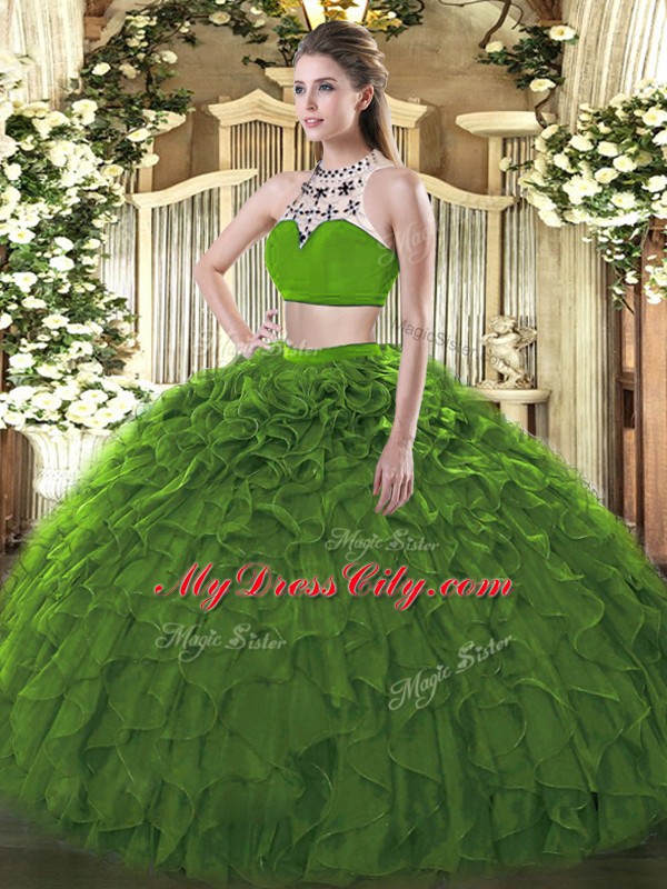 Designer Floor Length Backless Quince Ball Gowns Dark Green for Military Ball and Sweet 16 and Quinceanera with Beading and Ruffles