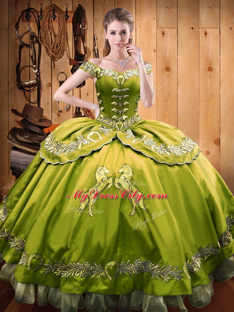 Custom Fit Floor Length Olive Green Sweet 16 Dresses Off The Shoulder Sleeveless Lace Up