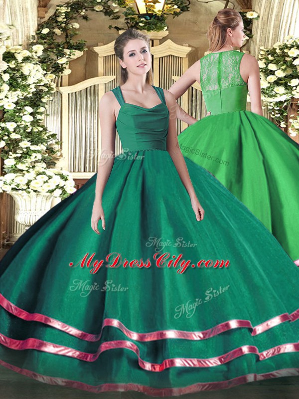 Dark Green Zipper Straps Ruffled Layers and Ruching 15 Quinceanera Dress Organza Sleeveless