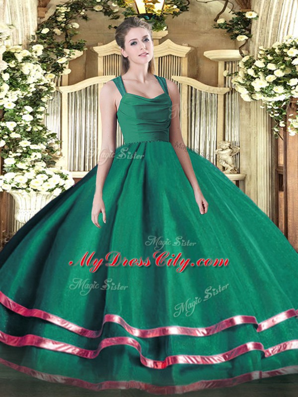 Dark Green Zipper Straps Ruffled Layers and Ruching 15 Quinceanera Dress Organza Sleeveless